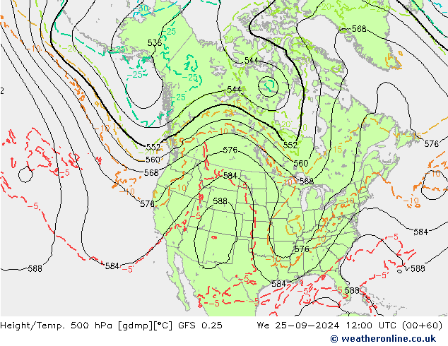 Z500/Rain (+SLP)/Z850 GFS 0.25 mié 25.09.2024 12 UTC