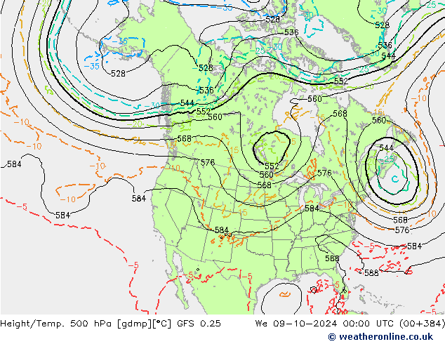 Z500/Rain (+SLP)/Z850 GFS 0.25 We 09.10.2024 00 UTC