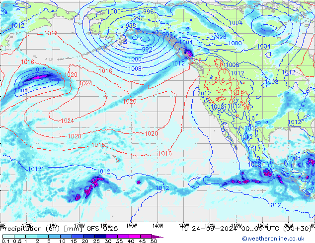 Z500/Rain (+SLP)/Z850 GFS 0.25 Di 24.09.2024 06 UTC