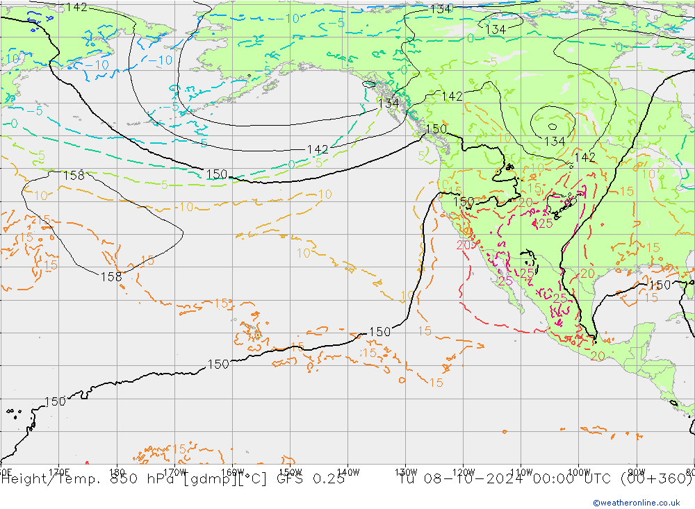 Z500/Yağmur (+YB)/Z850 GFS 0.25 Sa 08.10.2024 00 UTC