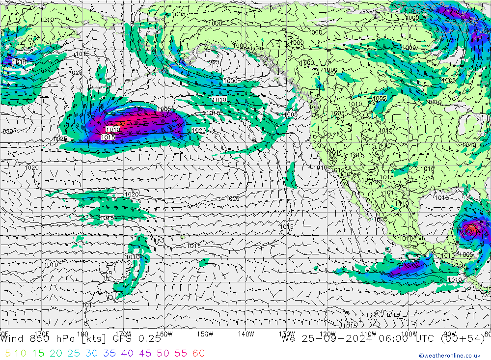 ветер 850 гПа GFS 0.25 ср 25.09.2024 06 UTC
