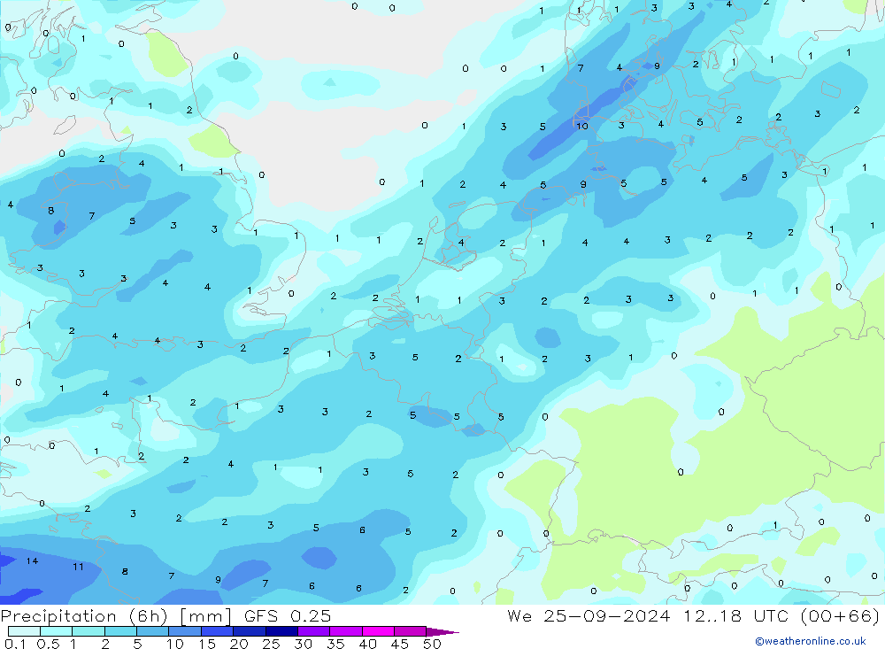 Z500/Rain (+SLP)/Z850 GFS 0.25 Qua 25.09.2024 18 UTC