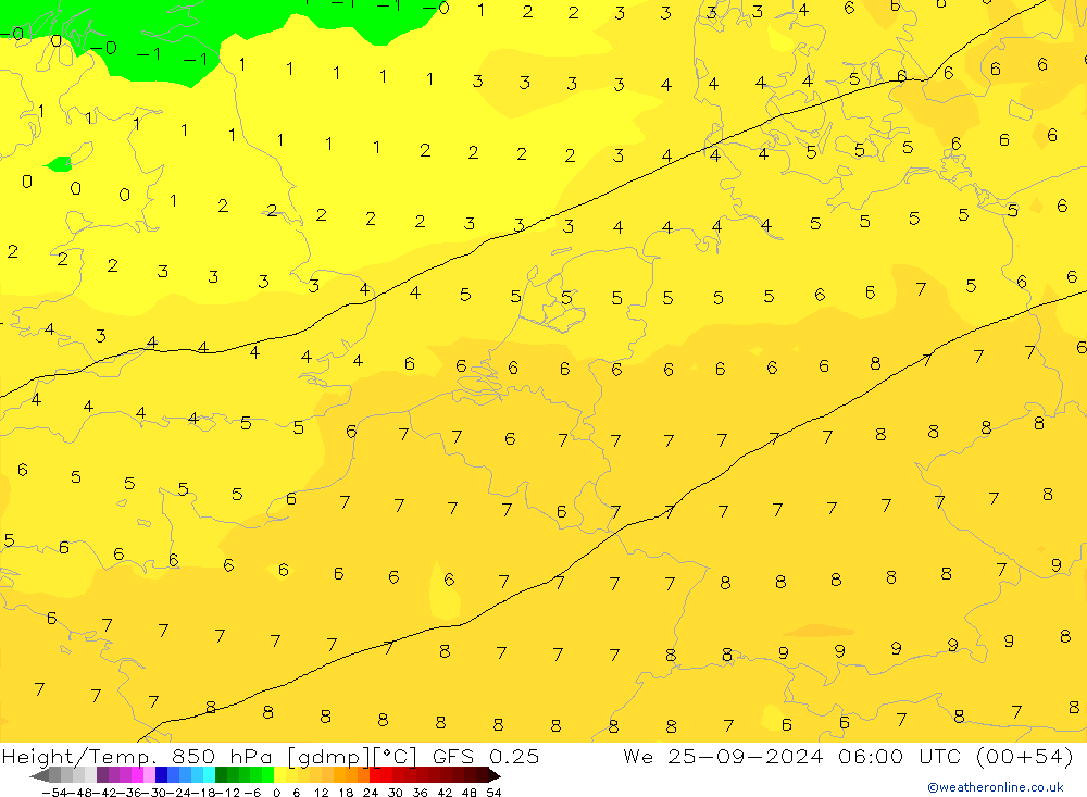 Z500/Rain (+SLP)/Z850 GFS 0.25 We 25.09.2024 06 UTC