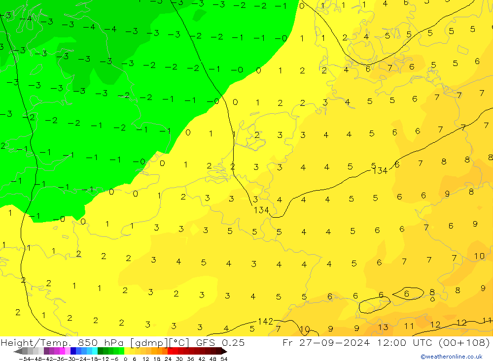 Z500/Rain (+SLP)/Z850 GFS 0.25 vie 27.09.2024 12 UTC