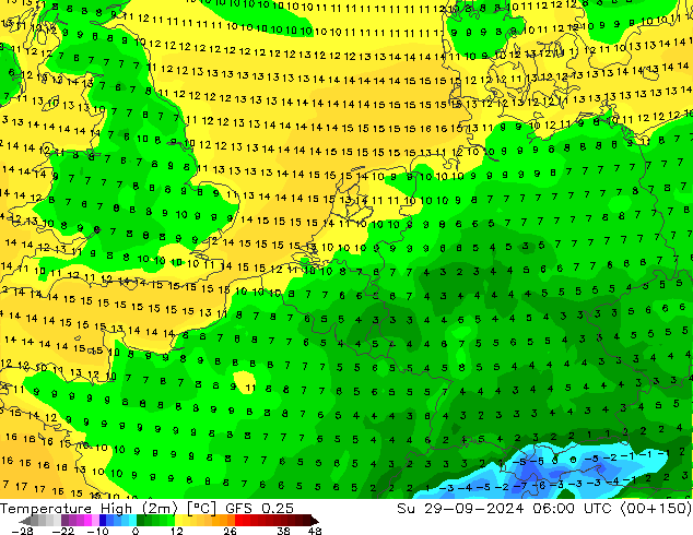 Temperature High (2m) GFS 0.25 Su 29.09.2024 06 UTC