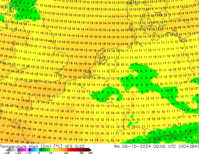 Höchstwerte (2m) GFS 0.25 Mi 09.10.2024 00 UTC