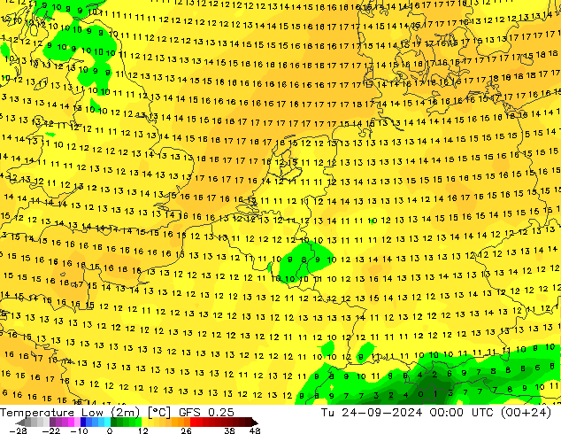 Tiefstwerte (2m) GFS 0.25 Di 24.09.2024 00 UTC