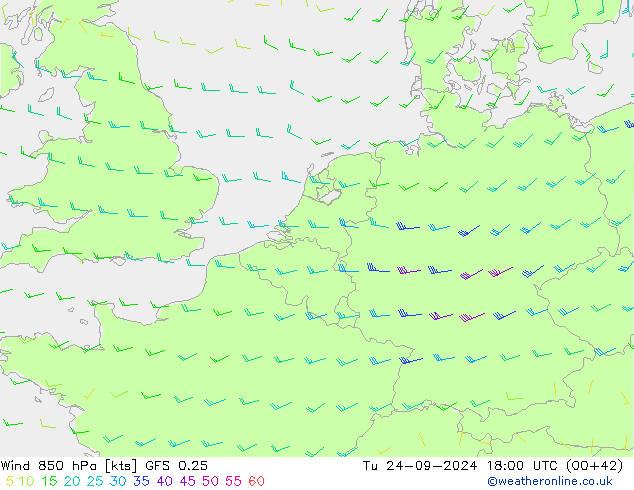 Viento 850 hPa GFS 0.25 mar 24.09.2024 18 UTC