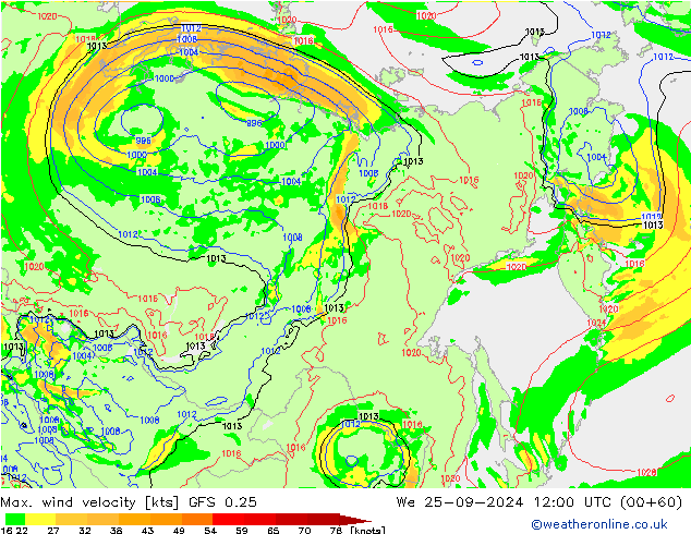 Max. wind velocity GFS 0.25 We 25.09.2024 12 UTC