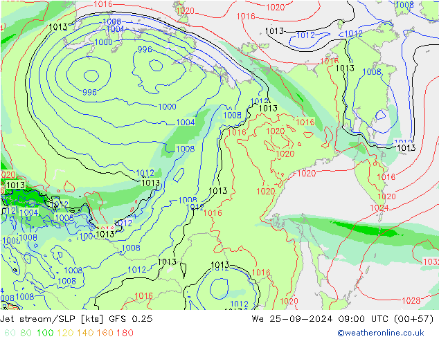 Straalstroom/SLP GFS 0.25 wo 25.09.2024 09 UTC