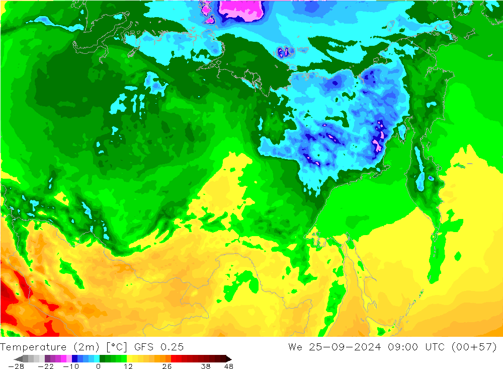 Temperatuurkaart (2m) GFS 0.25 wo 25.09.2024 09 UTC