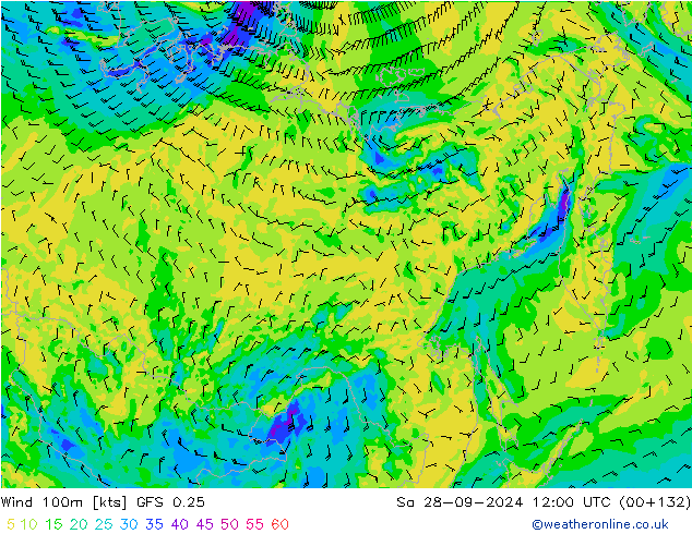 Vent 100m GFS 0.25 sam 28.09.2024 12 UTC