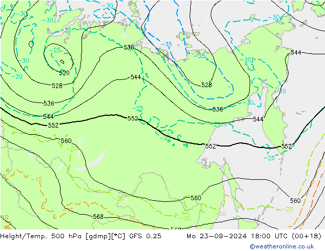 Height/Temp. 500 hPa GFS 0.25 Mo 23.09.2024 18 UTC