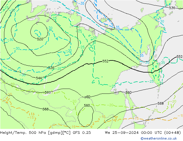 Z500/Rain (+SLP)/Z850 GFS 0.25 Qua 25.09.2024 00 UTC