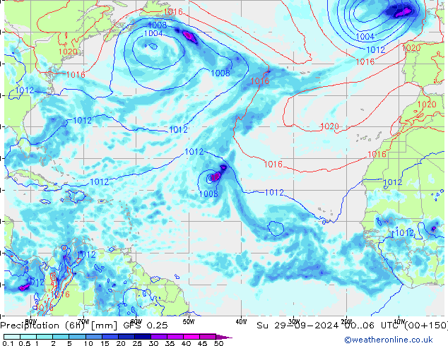 Z500/Rain (+SLP)/Z850 GFS 0.25 Dom 29.09.2024 06 UTC