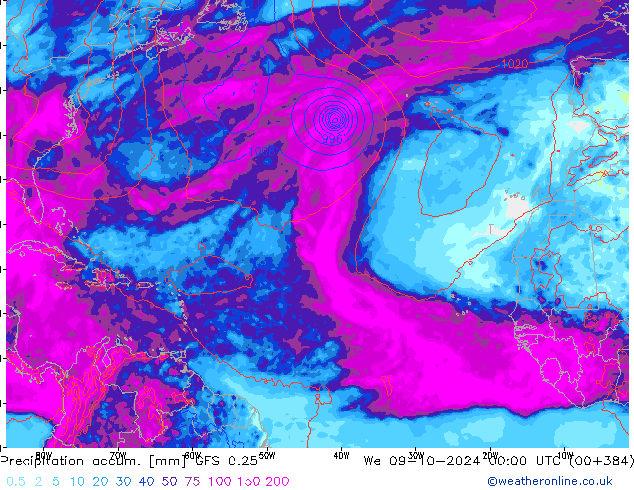 Precipitation accum. GFS 0.25 śro. 09.10.2024 00 UTC