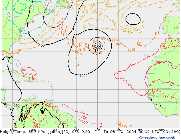 Height/Temp. 850 hPa GFS 0.25 Tu 08.10.2024 00 UTC