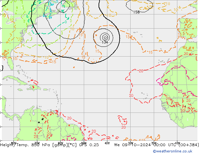 Height/Temp. 850 hPa GFS 0.25 śro. 09.10.2024 00 UTC