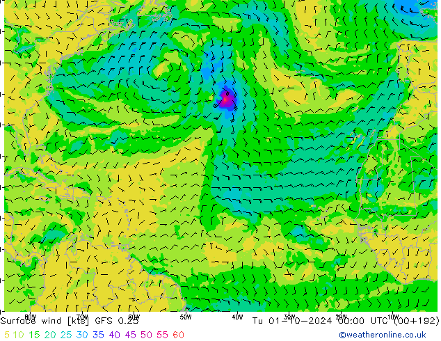 Surface wind GFS 0.25 Út 01.10.2024 00 UTC