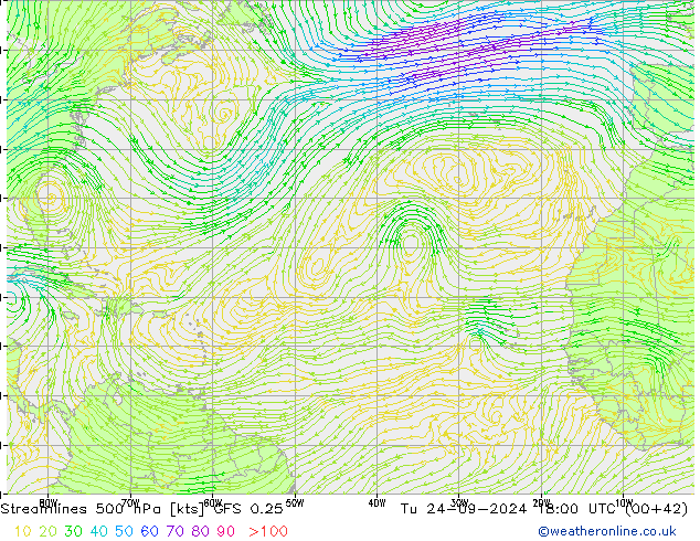 Stroomlijn 500 hPa GFS 0.25 di 24.09.2024 18 UTC