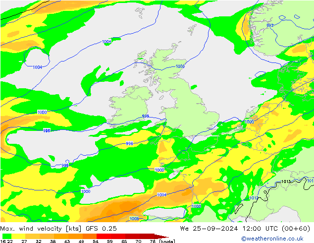 Max. wind velocity GFS 0.25 We 25.09.2024 12 UTC