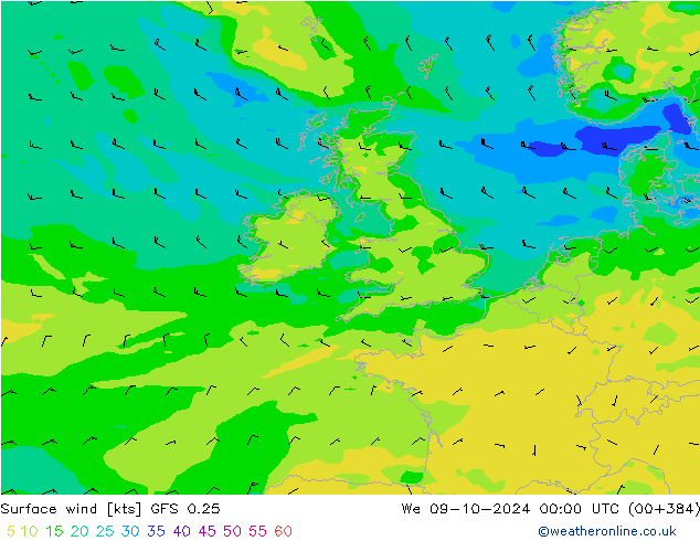 Vent 10 m GFS 0.25 mer 09.10.2024 00 UTC