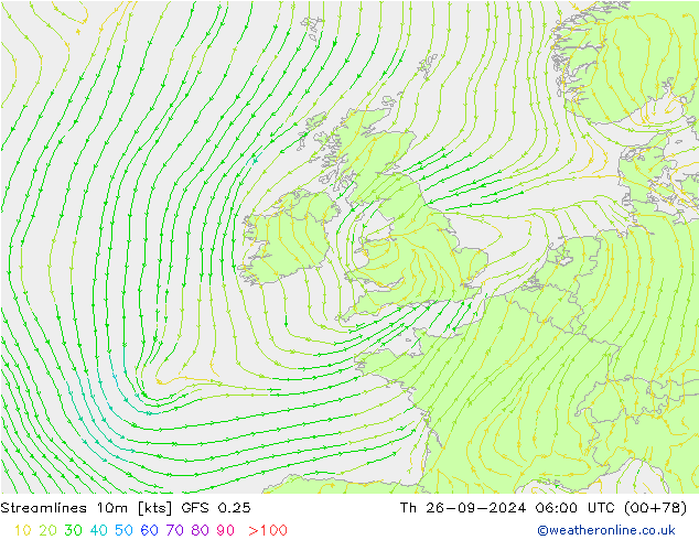 Streamlines 10m GFS 0.25 Čt 26.09.2024 06 UTC