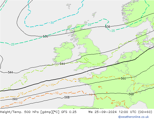 Z500/Rain (+SLP)/Z850 GFS 0.25 We 25.09.2024 12 UTC