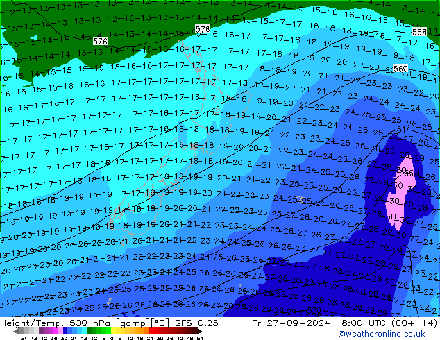 Z500/Yağmur (+YB)/Z850 GFS 0.25 Cu 27.09.2024 18 UTC