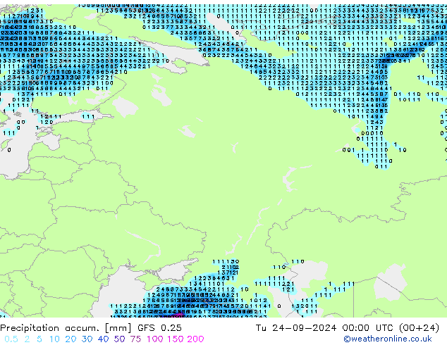 Precipitation accum. GFS 0.25 wto. 24.09.2024 00 UTC