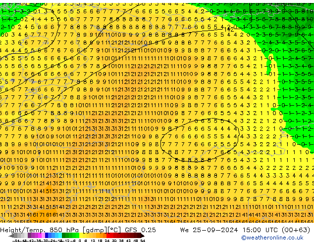 Z500/Rain (+SLP)/Z850 GFS 0.25  25.09.2024 15 UTC