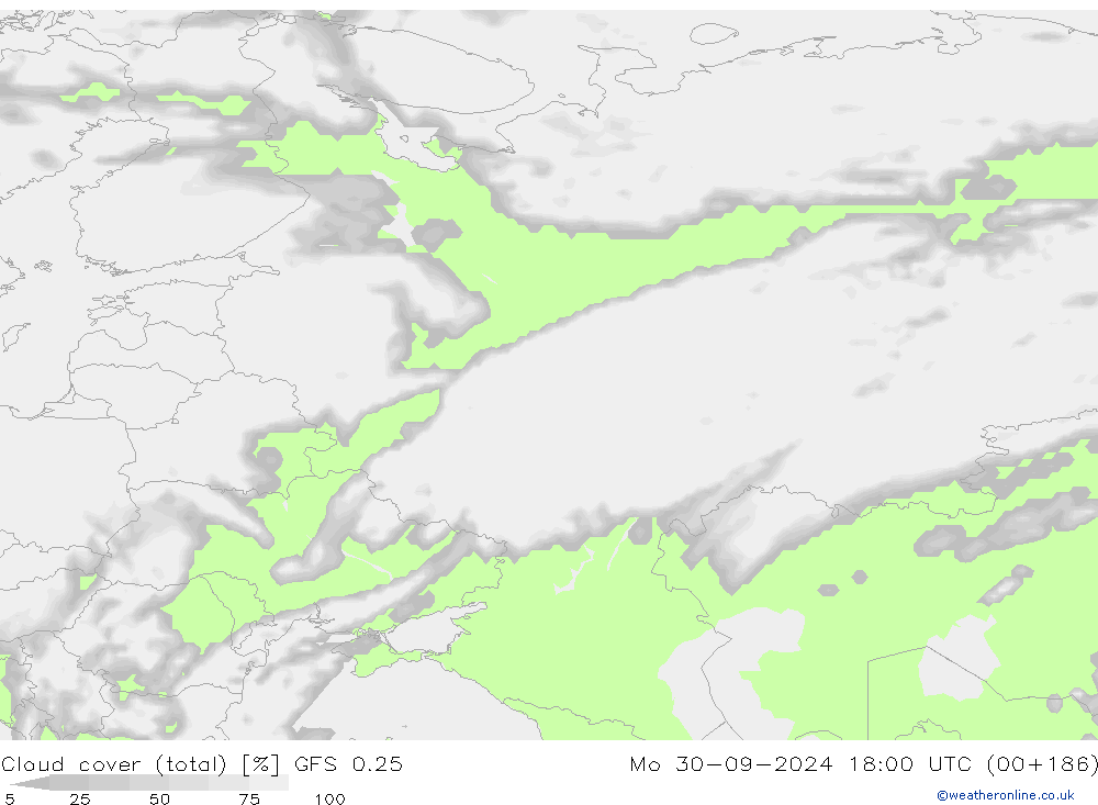 Cloud cover (total) GFS 0.25 Mo 30.09.2024 18 UTC