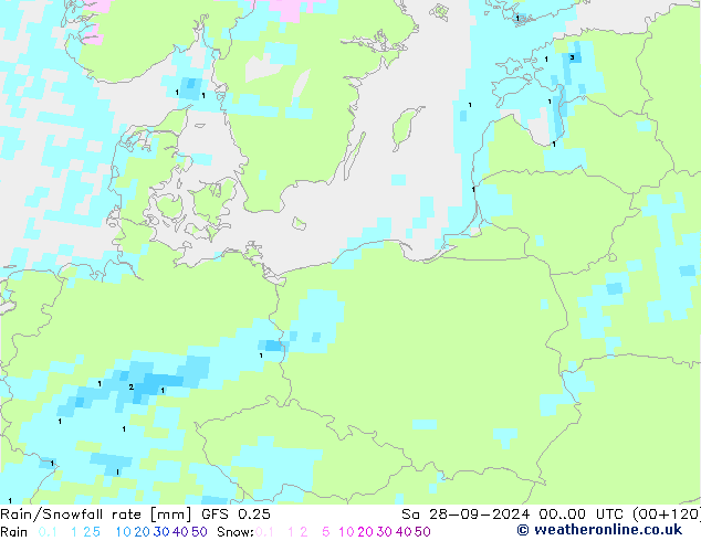 Rain/Snowfall rate GFS 0.25 Sáb 28.09.2024 00 UTC