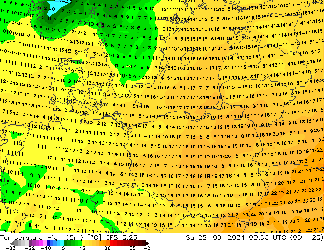 Temp. massima (2m) GFS 0.25 sab 28.09.2024 00 UTC