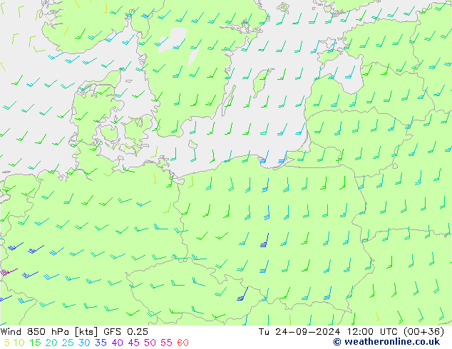 Wind 850 hPa GFS 0.25 Tu 24.09.2024 12 UTC