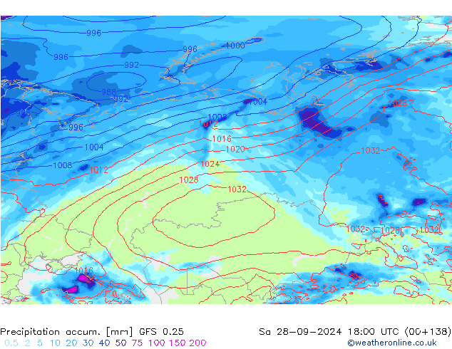 Precipitation accum. GFS 0.25 Sa 28.09.2024 18 UTC