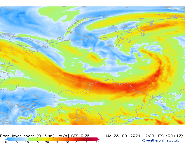 Deep layer shear (0-6km) GFS 0.25 Mo 23.09.2024 12 UTC