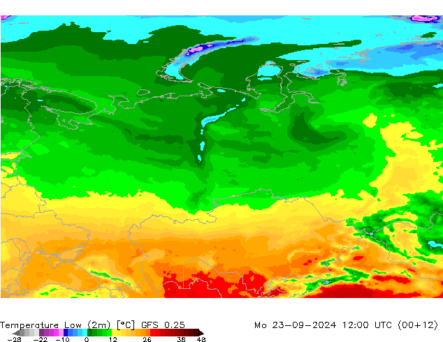 Temperature Low (2m) GFS 0.25 Mo 23.09.2024 12 UTC