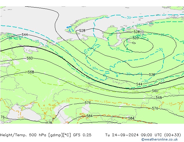 Z500/Regen(+SLP)/Z850 GFS 0.25 di 24.09.2024 09 UTC