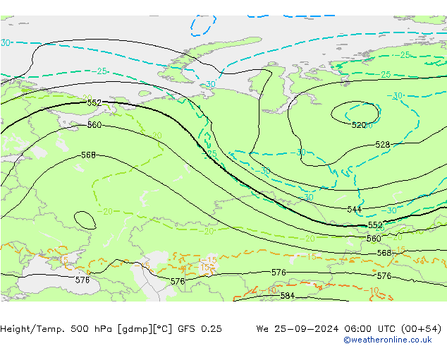 Z500/Rain (+SLP)/Z850 GFS 0.25 Mi 25.09.2024 06 UTC