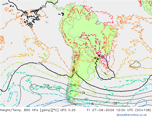 Z500/Rain (+SLP)/Z850 GFS 0.25 ven 27.09.2024 12 UTC