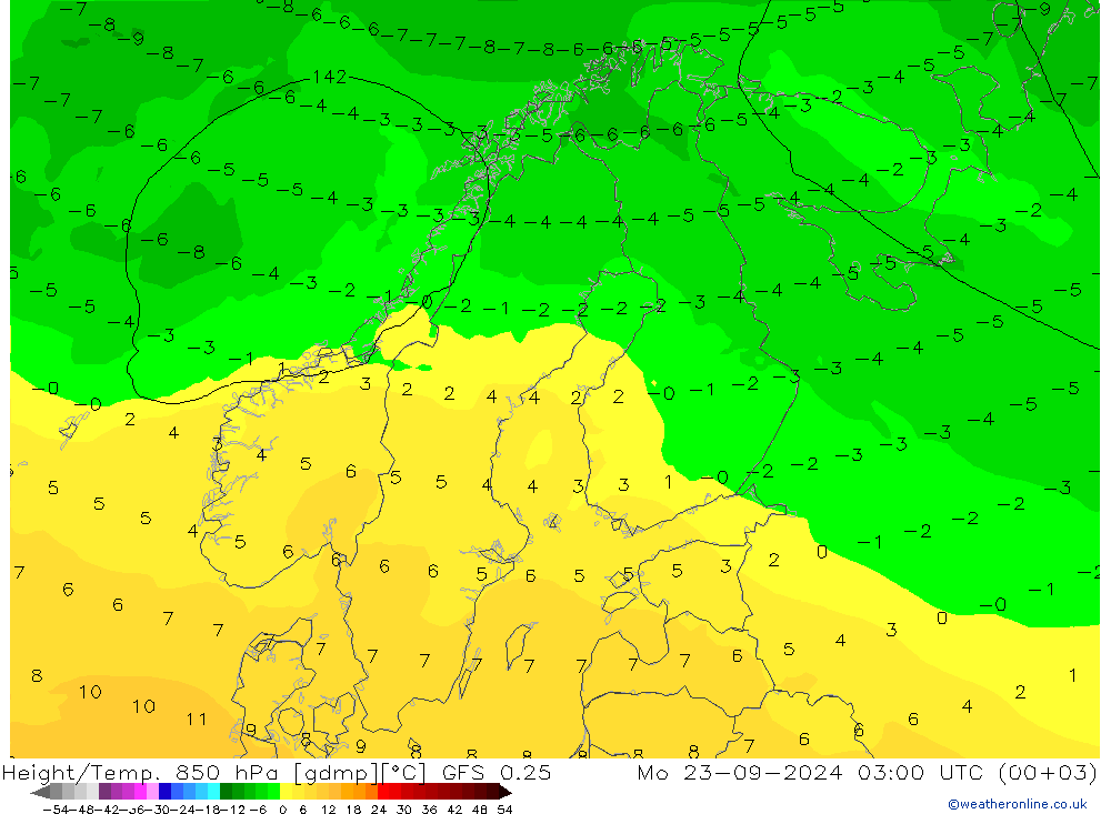 Z500/Rain (+SLP)/Z850 GFS 0.25  23.09.2024 03 UTC