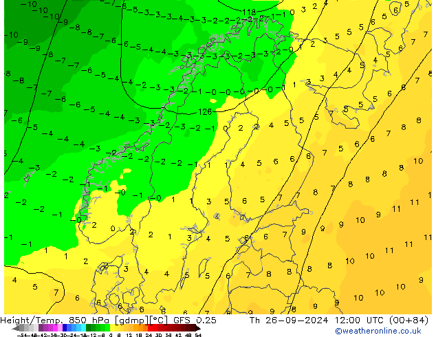 Z500/Rain (+SLP)/Z850 GFS 0.25  26.09.2024 12 UTC