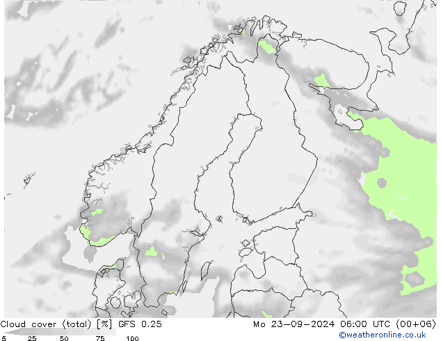 Wolken (gesamt) GFS 0.25 Mo 23.09.2024 06 UTC