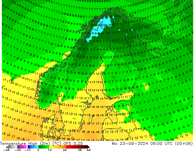 Höchstwerte (2m) GFS 0.25 Mo 23.09.2024 06 UTC