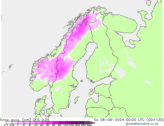 Totale sneeuw GFS 0.25 za 28.09.2024 00 UTC