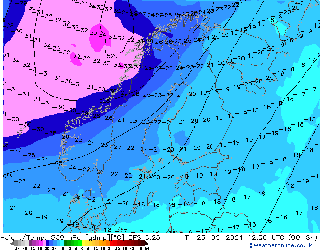 Z500/Rain (+SLP)/Z850 GFS 0.25  26.09.2024 12 UTC