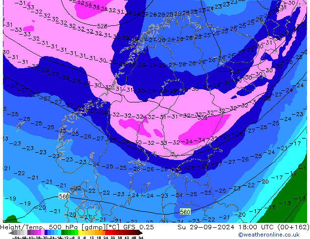 Z500/Rain (+SLP)/Z850 GFS 0.25  29.09.2024 18 UTC