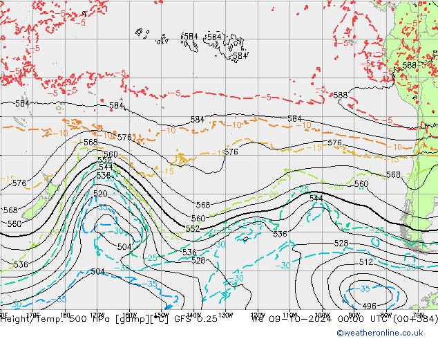 Z500/Rain (+SLP)/Z850 GFS 0.25 mer 09.10.2024 00 UTC