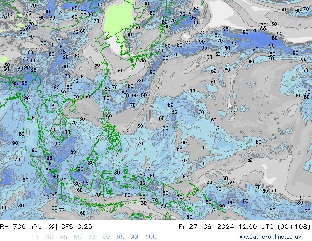 Humidité rel. 700 hPa GFS 0.25 ven 27.09.2024 12 UTC